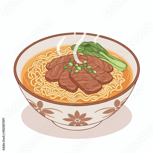 Satay Beef Instant Noodles (沙嗲牛肉麵)
A flat vector illustration of a bowl of satay beef instant noodles with steam rising. Warm browns and yellows, simple line work, cozy HK Cha Chaan Teng vibe.