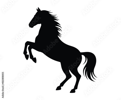A majestic black horse silhouette rears up powerfully against a stark white background, conveying strength and freedom.