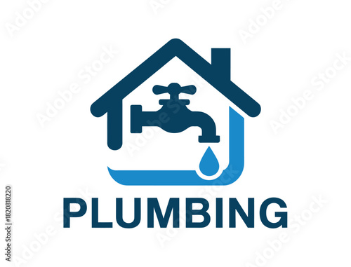 A stylized blue icon representing a house with a faucet and a water droplet, symbolizing plumbing services.