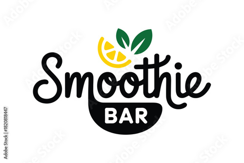 A vibrant 'Smoothie Bar' logo featuring stylized lemon and green leaves, representing fresh, healthy beverages.