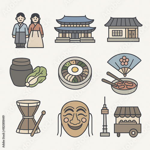Korea Culture Icon Pack with 9 Pastel Flat Vector Icons
