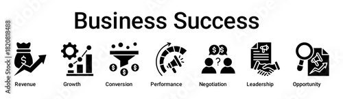 Business Success banner web icon vector illustration concept for business with icon of Revenue, Growth, Conversion, Performance, Negotiation, Leadership.