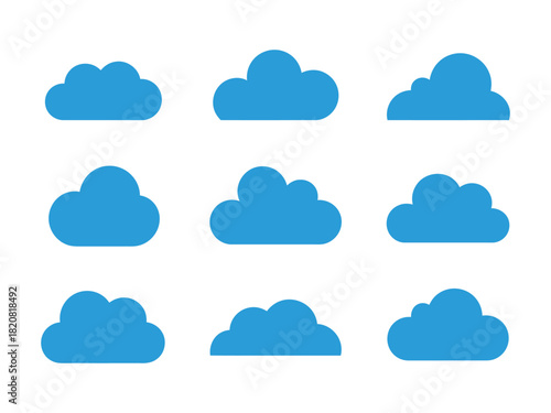 A collection of nine simplified blue cloud icons arranged in a three-by-three grid against a white background.