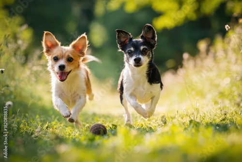Playful duo of tiny dogs romping on green grass under a clear blue sky