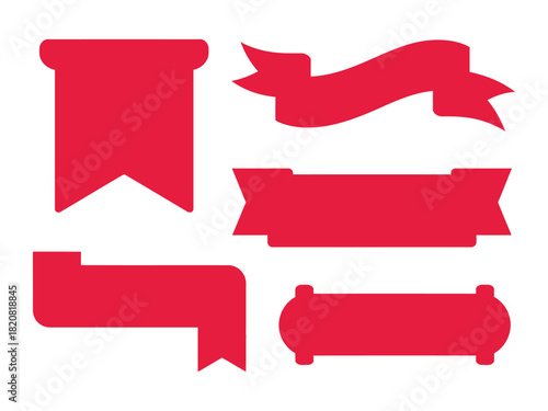 A collection of five vibrant red ribbon banners and labels are artistically arranged on a clean white background, offering versatile design elements for graphic resources.