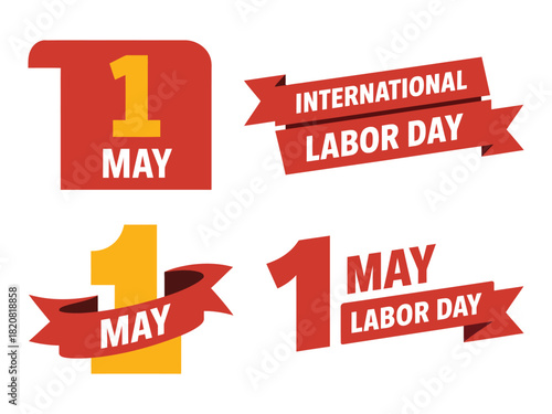 A collection of graphic elements celebrating International Labor Day on May 1st, featuring bold typography and red ribbons.