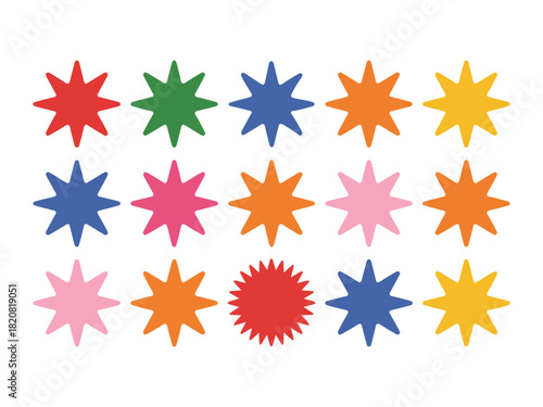 A vibrant collection of colorful starburst shapes arranged in a grid, suggesting celebration, creativity, or a celestial theme.