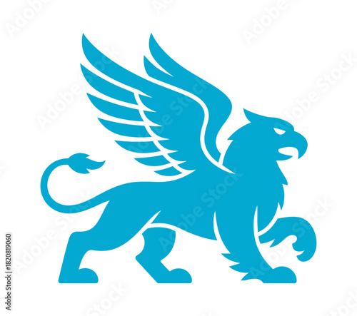 A stylized blue griffin with spread wings stands in profile against a white background, embodying mythical power and vigilance.