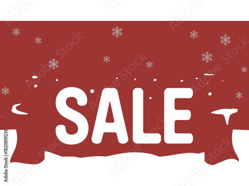 A winter holiday sale event is announced with large white text on a red banner, adorned with snowflakes.