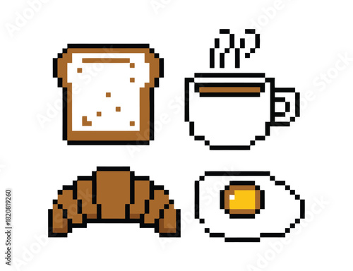 A pixelated breakfast featuring toast, a croissant, a fried egg, and a steaming cup of coffee, representing a simple morning meal.