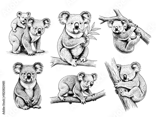 Hand drawn Koala illustration set poses, detailed sketch vintage ink style