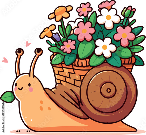 Cute Snail Carrying a Basket of Spring Flowers