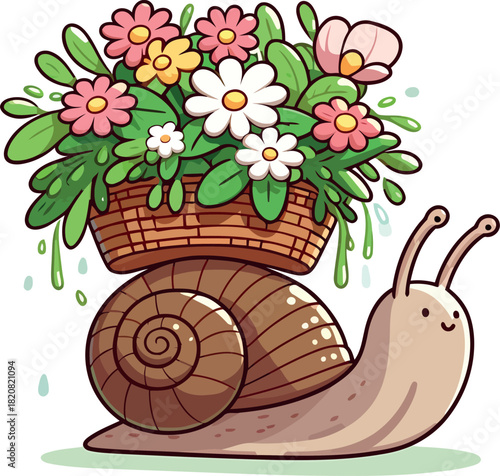 Cute Snail Carrying a Basket of Spring Flowers