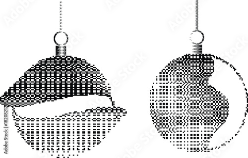 Christmas tree baubles dither pixel textured for greeting cards, posters. Vector illustration.