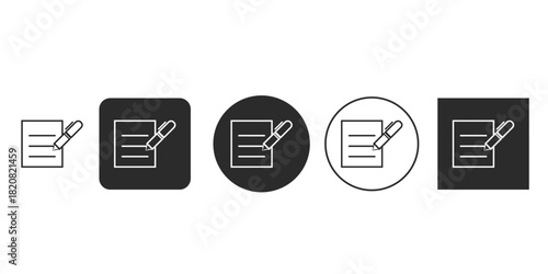 Black and white line icon set for editing a document or writing a note | User interface icon of paper and pen for creative writing app | Simple vector graphic symbol for file modification or creation 