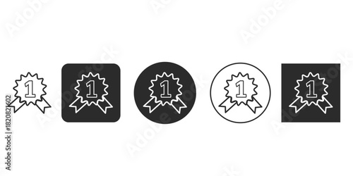 Number one award rosette icon vector set | First place ranking symbol outline and glyph styles | Best quality guarantee badge UI design element | Top winner competition achievement medal illustrations