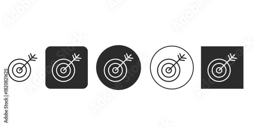 Target and arrow icon set for business goals | Minimalist achievement symbol vector graphic | Black and white bullseye success metaphor illustration