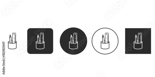 School supplies icon with pencil and ruler in holder | Minimalist stationery pictogram for UI/UX design | Black and white linear vector drawing tools symbol | Desk organizer cup line art illustration