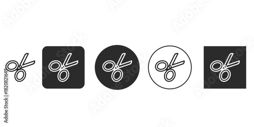 Vector illustration of scissors icon set for editing and tools | Black and white linear and solid scissors symbols for UI/UX design | Interface button icons for cut, tailor, and craft applications 