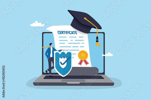 Online certificate, education achievement or academic validation, trust or compliance for professional success, award document concept, graduated man with online certificate on laptop computer.