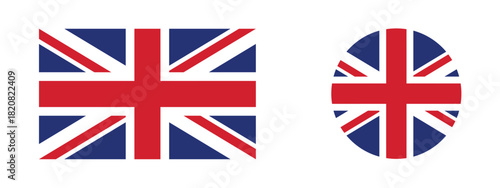 Vector set of the United Kingdom flag (Union Jack) in rectangular and circular icon styles. Clean, high-quality design perfect for apps, websites, education, presentations, and international projects.