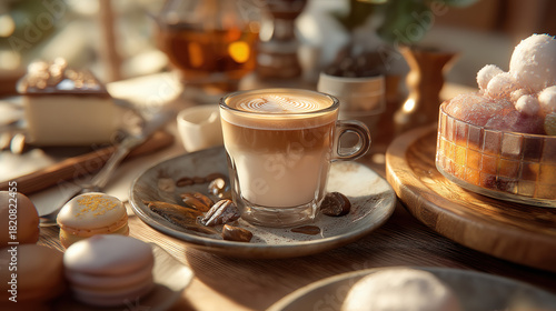 Latte art coffee with desserts afternoon tea scene, warm tones cozy lifestyle design material