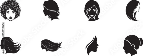  Beauty Women Face Icons Set.  Vector logo icon for beauty, fashion, spa, and salon. Minimalist female head silhouette drawing for cosmetics and skincare design.