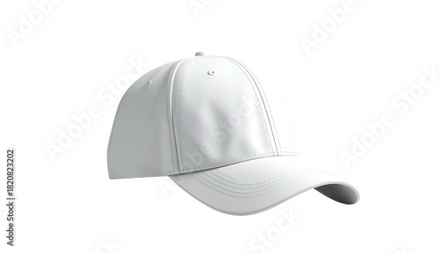A plain white baseball-style cap, floating against a stark black backdrop