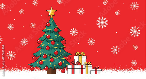 Christmas Tree with Gifts and Snowflakes on Red Background