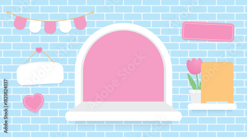 kawaii style window and shelf display with cute sign and hanging flag on brick wall background 3d illustration vector in sweet pastel blue pink color theme for putting product or object