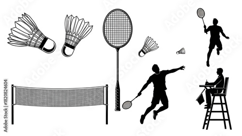 Dynamic Badminton Set Illustration Rackets, Shuttlecocks, Net, and Players in Action