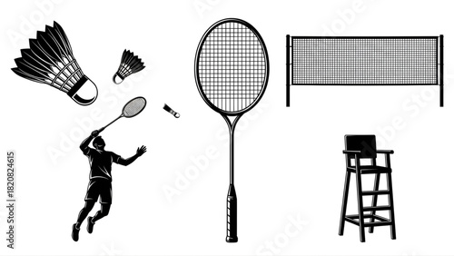 Dynamic set of badminton sport elements showcasing an athlete in action, racket, shuttlecocks, net, and an umpire's chair, all rendered in crisp vector illustrations