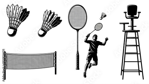 Badminton Essentials Icons of Shuttlecocks, Rackets, Player, Net, and Umpire Chair for Sport Concepts