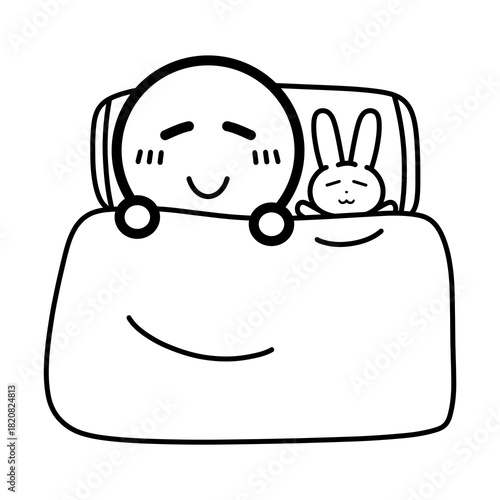 ぬいぐるみと一緒に寝る人物　イラスト
