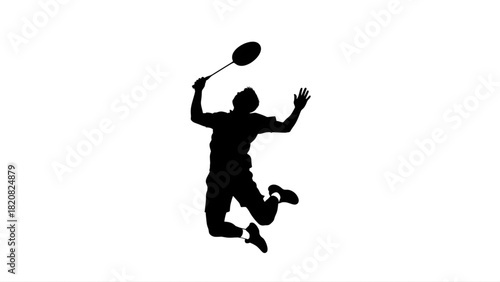Dynamic silhouette of a badminton player performing a powerful jump smash during an intense match, capturing the energy and agility of the sport in a clean, abstract design