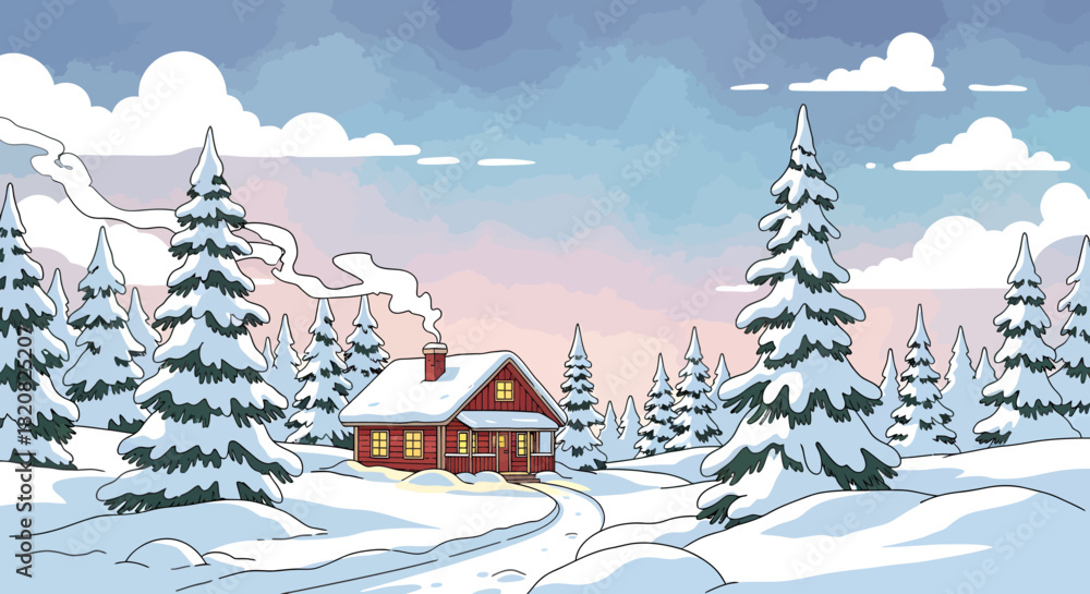 Fototapeta premium Winter Cabin in Snowy Forest Landscape, Illustration