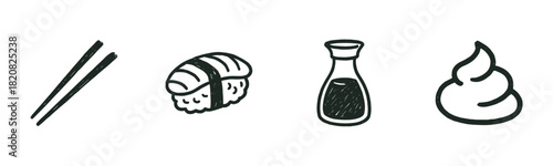 A collection of black glyph icons representing camping and hiking activities, including a teepee tent, mountains, a campfire, hiking boots, and a map with a compass for outdoor adventure