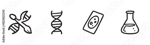 Set of five simple outline icons including a coffee cup, scallop shell, open umbrella, dining plate with cutlery, and a high stool, drawn in a clean, monochrome vector style