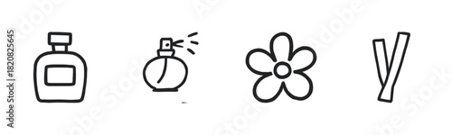 A set of winter-themed line art icons including a mitten, a steaming hot drink, a car, a boot print, and a warm scarf, representing cold weather activities