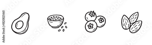 Monochrome collection of outdoor adventure equipment featuring a rucksack, navigation compass, location map, hiking boot, and drink bottle in a rustic doodle sketch style