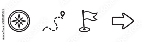 A set of five nautical and beach-themed icons including a seashell, seagull, lighthouse, anchor, and surfboard in a minimalist black line art style