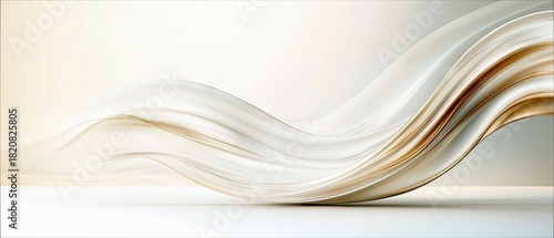 An abstract, flowing wave of silk-like fabric in shades of white and gold, set against a soft, luminous background. The composition evokes elegance and movement