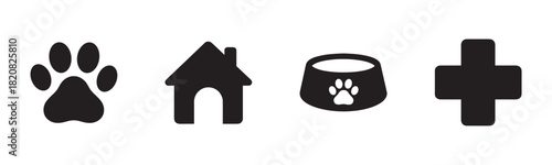 Minimalist black silhouette icons depicting a complete breakfast setting with a plate, silverware, juice, fruit jam, bread, and a decorative flower in a vase