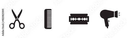 Minimalist collection of black coffee shop icons, including an espresso machine, croissant pastry, a cup on a saucer, and a sack of beans, in a simple graphic silhouette style