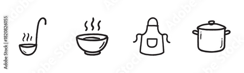A hand-drawn icon set in a sketchy doodle style illustrating the concept of creative burnout with symbols like crumpled paper, a coffee mug, a trash can, and a tired human profile