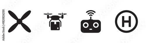 A minimalist set of essential daily items for work and study, featuring black silhouette icons of a laptop, spiral notebook, pen, steaming coffee cup, and a classic wall clock