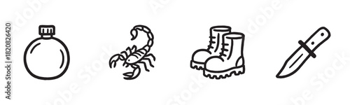 A minimalist line art illustration of a serene mountain landscape with a rising sun, a pine tree, a cloud, a flying bird, and another bird perched on a rock