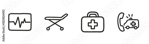 A collection of black silhouette icons representing camping and outdoor adventure, featuring a hiking boot, teepee tent, campfire, cooking pot, and a folded navigation map