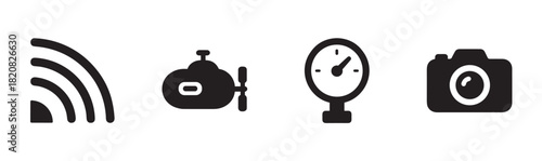 A charming set of five hand-drawn icons in a black and white doodle style, featuring a vintage street lamp, an open book, a wooden chair, and two classic alarm clocks