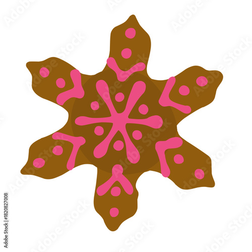 A simple, digitally-drawn illustration of a festive gingerbread cookie shaped like a six-pointed snowflake. The brown cookie is brightly decorated with vivid pink icing